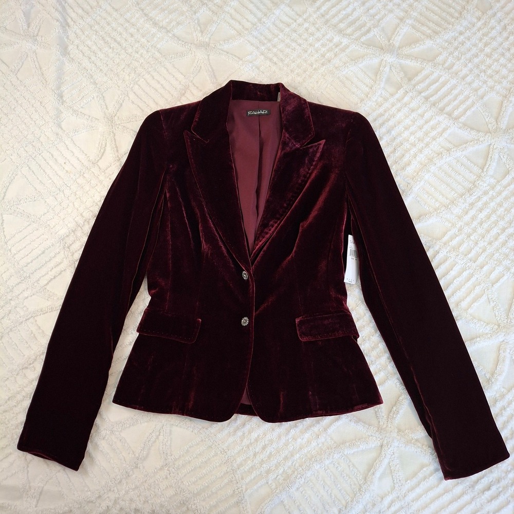 Tahari Womens Size XS Silk Blend Velvet Blazer Garnet Deep Red Notched Lapel NWT